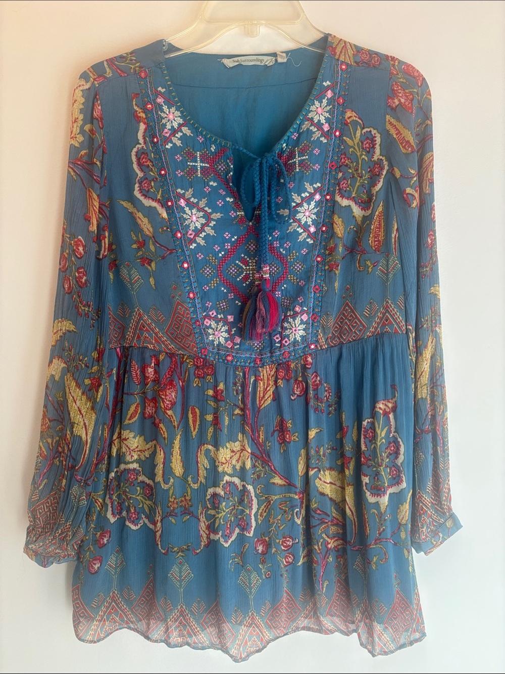 Soft Surroundings | Teal Floral Embroidered Peasant Tunic Sz S